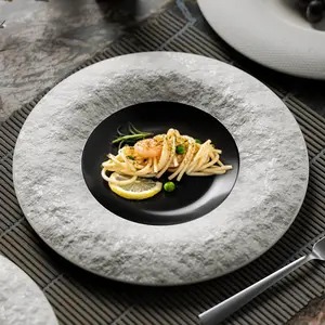 Nordic Embossed Rock Pattern Porcelain Soup Dishes Round Luxury Black and White Ceramic Dinner Plates for Hotel