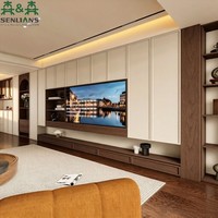 Meuble TV mural intégré réglable de luxe discret, style Shaker, texture bois de noyer, avec étagères de présentation pour salon