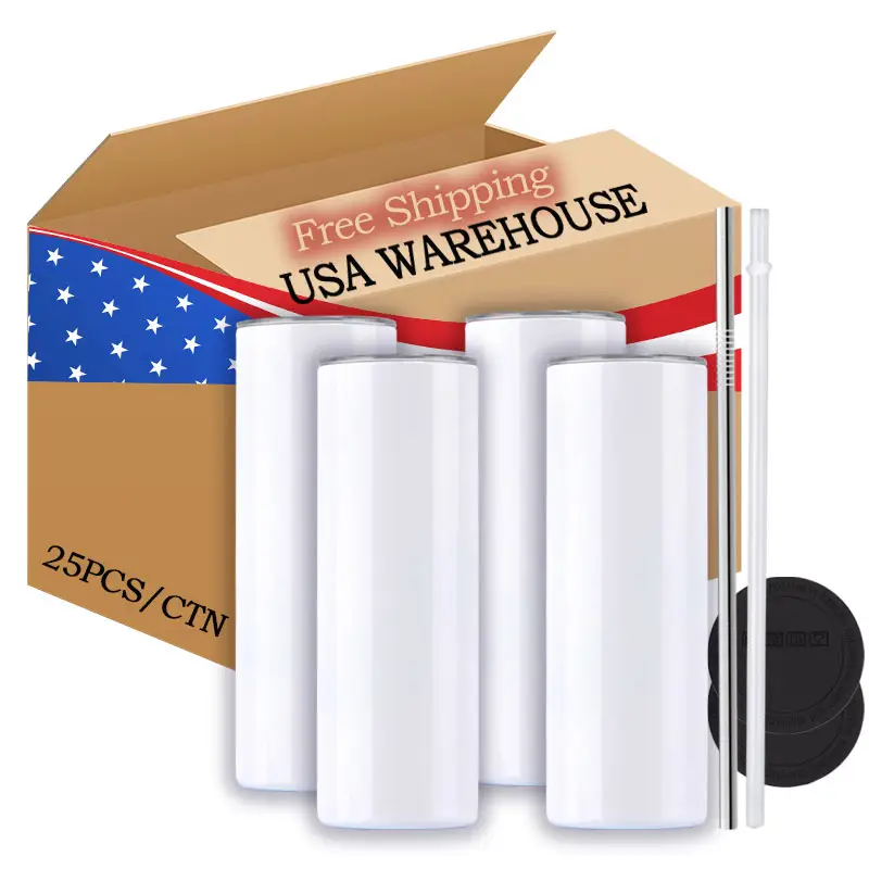 USA Warehouse stocked 20oz white straight slim sublimation blanks cups tumblers tumbler heat press with straw