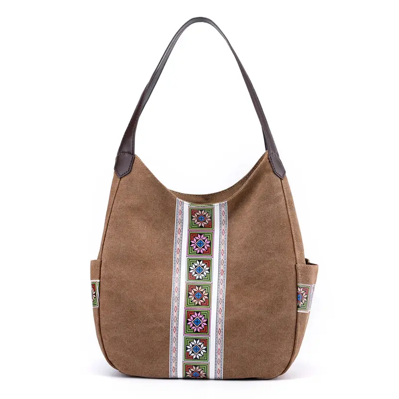 Vrouwen Canvas Hobo Portemonnee Multi Pocket Tote Shopper Schoudertas Casual Top Handvat Handtas Met Borduurwerk Etnische