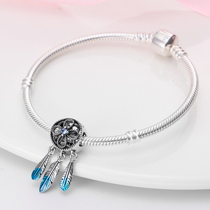 Bohemian-style star and moon pendant, set with blue zircon and feathers, made of vintage <b>silver</b>-plated white brass - Product Image 2