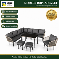 5-teiliges Outdoor-Patio-Set, L-förmiges Sofa, Sessel, Tisch, 2 Ottomanen, beige Seilgeflecht, Metall