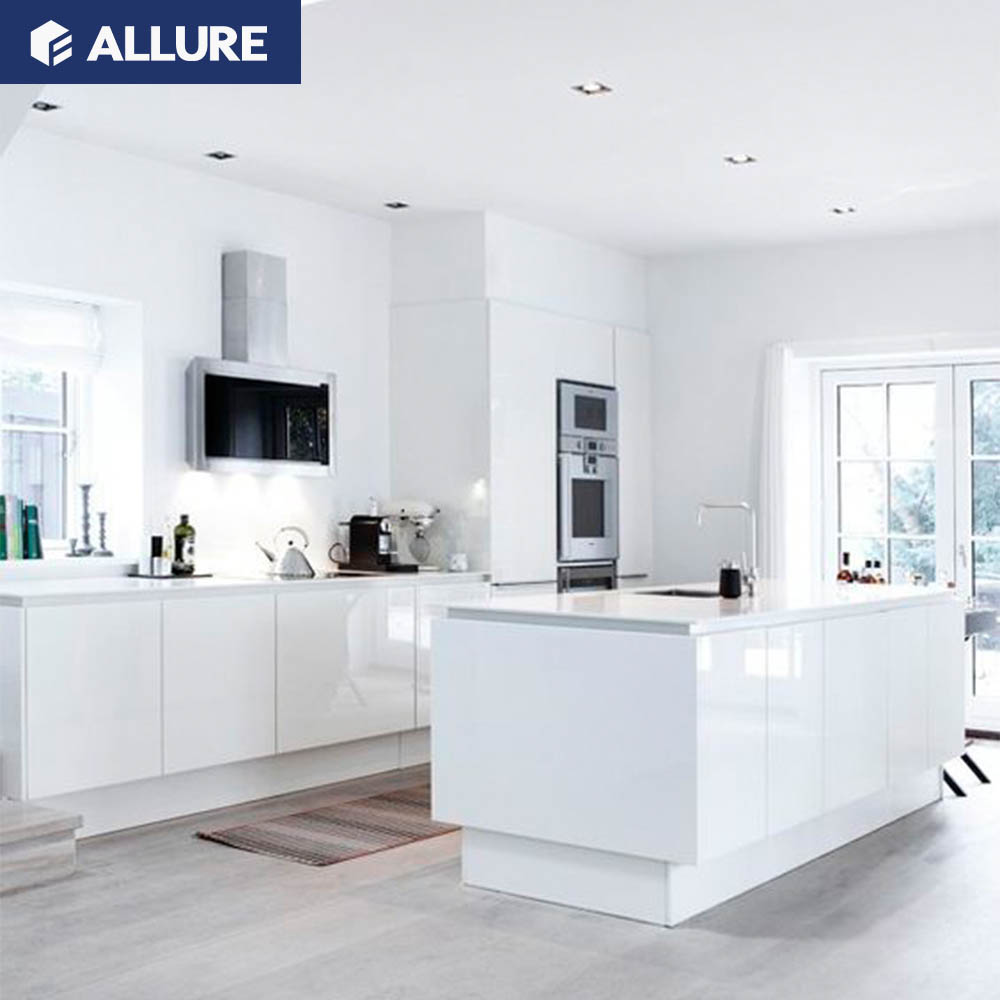 Allure Độ Bóng Cao Laminate Châu Á Ngà Kéo Ra Đồ Nội Thất Nhà Tường Bồn Rửa Tủ Bếp Usa Với Cửa Kính