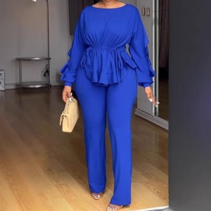 Conjunto de 2 Piezas para Mujer, Elegante, Elástico, con Cordón Ajustable, Manga Larga, Cintura Definida, Top y Pantalones, a la Moda - Product Image 4