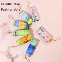 6 plis Nouveau Plat Illustration Style Peinture À L'huile Parasol Rose Pivoine Série Vinyle pour Carte Parapluie Anti-UV Voyage Souvenir Noir