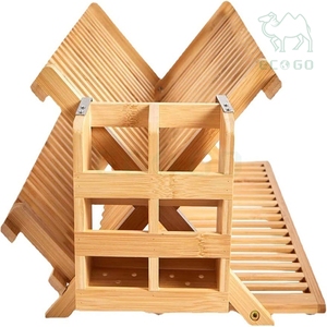 ชั้นวางจานแบบพับได้ปรับระดับได้ ทำจากไม้ไผ่ สำหรับจัดเก็บในครัว พร้อมที่ใส่ช้อนส้อม - Product Image 1