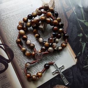 Rosario da 10 mm con perle in agata, collana cattolica per <span class=keywords><strong>uomo</strong></span> e donna, rosari intrecciati a mano con crocifisso e medaglia di Santa Maria - Product Image 3