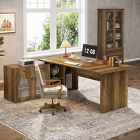 Bureau de direction contemporain en forme de L, écologique, avec tiroirs de classement, 71 pouces, bureau en bois pour la maison/le bureau, style rustique