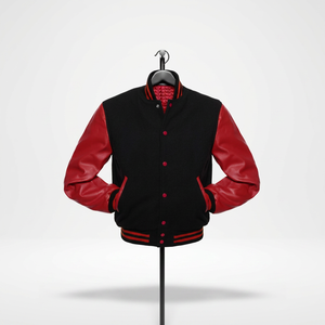 <b>Men's</b> Black Varsity <b>Jacket</b> With Red PU Leather Sleeves Turn-down Collar Zipper Closure Casual Autumn Wear - Product Image 1