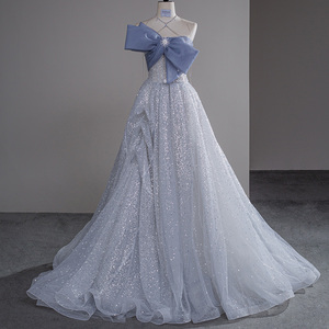 Vestido de cóctel gris bruma con fruncido, línea A, lazo, hombros descubiertos, brillante, con cuentas, sin tirantes, para fiesta de noche o graduación Sfy54 - Product Image 2