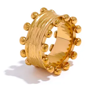 JINYOU cincin lebar mode besi tahan karat 316L 1480 cincin wanita tekstur emas 18K PVD berlapis tahan air perhiasan jari Prancis