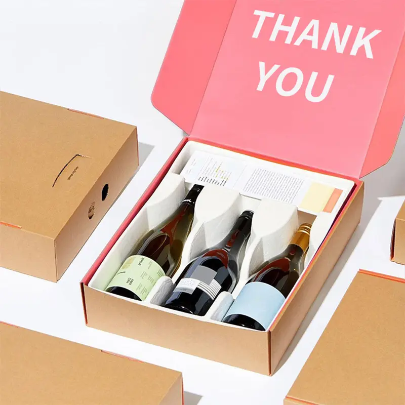 Insertion de bouteille de vin recyclable avec logo personnalisé Boîtes postales en carton d'expédition de courrier en papier ondulé kraft Boîte d'emballage cadeau