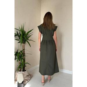 Robe plissée kaki en gabardine coupe trapèze à col rond, taille naturelle, décontractée pour le quotidien, en tissu tissé lavable – Vente en gros - Product Image 1