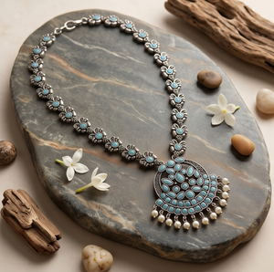 Premium Oxydized Silver Filigree <b>Necklace</b> <b>Blue</b> Stone Accents Women Traditional Ethnic Statement Jewelry Antique Finish Wedding - Product Image 2