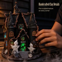 Figurine de maison hantée d'Halloween en pâte à modeler faite à la main avec lumière LED, citrouille, fantôme, décoration de table vintage