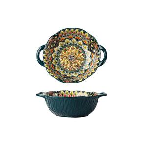 Sáng tạo phong cách dân tộc Bohemian vẽ tay bát Gốm Hai tai màu vàng xanh sóng cây mô hình thả bộ đồ ăn - Product Image 6