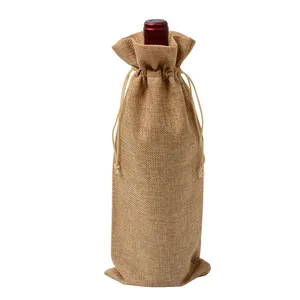 High Quality Wholesale 750ml Hessian Drawstring Gift Jute Wine Bags Cheap Reusable Burlap Single Wine Bottle Bags