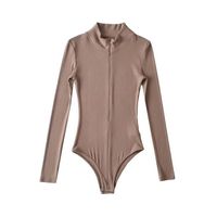 Combinaison moulante à col montant et fermeture éclair pour femme, style européen et américain, manches longues, couleur unie, une pièce, pour le printemps