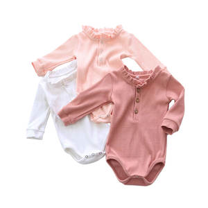 단색 유기농 골지 면 아기 Onesies 긴 소매 스냅 버튼 폐쇄 신생아 장난 꾸러기 일반 아기 성장-도매 - Product Image 1