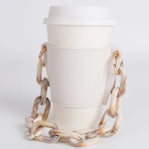 Reusable Coffee Cup Holder Leather Handle Cup Cover with Colorful Chain Portable Cup Sleeve with Amber Chain