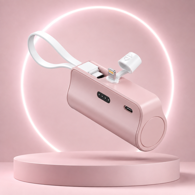 5000mAh Direct Plug Mini Power Bank Pink Compact Portable Battery Charger Built in Cable LED Indicator Germany Warehouse