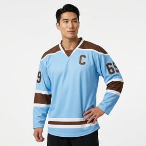 เสื้อฮอกกี้น้ำแข็งแบบมีฮู้ด สีฟ้าอ่อน-น้ำตาล  แขนยาว พิมพ์ลายแบบ Sublimation แห้งเร็ว ระบายอากาศได้ดี ผ้าฝ้าย 100%  รับสั่งทำตามแบบ - Product Image 1