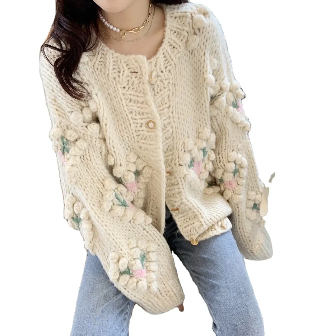 VSCOO in stock maglione cardigan a maniche lunghe da donna fatto a mano con fiori jacquard di design di moda