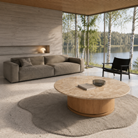 Table basse ronde en marbre de 60 pouces, pierre naturelle, style moderne minimaliste, base en bois beige, table de salon
