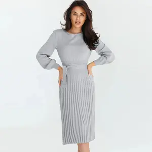Customized autumn and winter knitted dresses with slim pleats, medium length bottomed woolen dresses, Chinese manufacturer