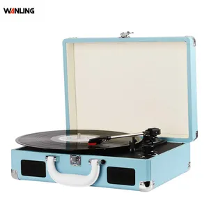 Old portable turntable player vinyl records play stand musical box