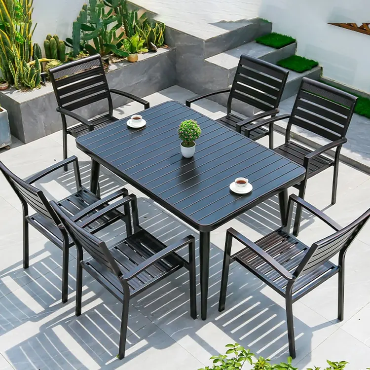 Juego de mesa de comedor al aire libre de aluminio negro directo de fábrica patio jardín balcón muebles mesa de comedor y silla conjunto