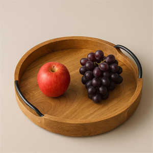Bandeja Otomana Decorativa de Madera Natural Minimalista para Bodas, con Asas de Hierro, Forma Redonda, Multifuncional - Product Image 3