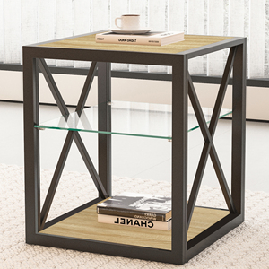 Modern <b>End</b> <b>Table</b> Set of 2 Tempered Glass Wood Top Industrial Style Side <b>Table</b> for Bedroom Living Room - Product Image 4