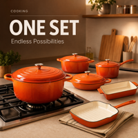 Set Peralatan Masak Besi Cor Berlapis Email 7 Buah, Panci Saus Oranye Dutch Oven, Wajan Panggangan, Casserole, Set Panci Hadiah Dapur Grosir OEM