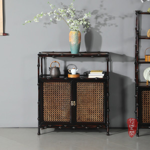 Lacquered Bamboo Entryway Cabinet With Woven Doors For Tea Storage Chinese Style Display Shelf - Product Image 4