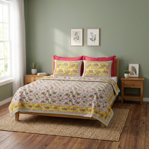 Parure de lit florale imprimée style bohème en coton blanc indien avec taies d'oreiller – Tailles Queen et King – Literie toutes saisons - Product Image 3