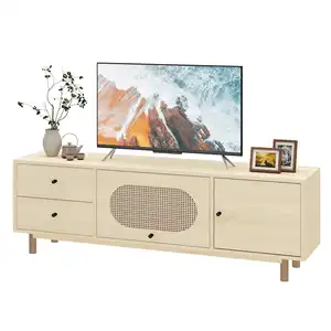 High Quality MDF Board TV Stand Living Room Furniture Storage Cabinet TV Console Stand with Rattan Door Wooden TV Cabinet