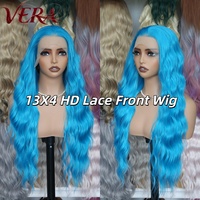 Wig sintetis HD Futura Fiber Premium 13X4 Lace Front warna biru hijau gelombang air tahan panas, natural dan realistis, tersedia grosir