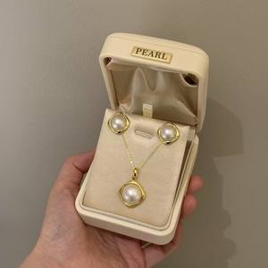 Classic Gold Plated <b>Pearl</b> Jewelry <b>Set</b> White Freshwater <b>Pearl</b> 13-14mm 925 Silver <b>Necklace</b> Earrings Women's Gift - Product Image 1