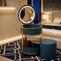 Station de maquillage moderne en acier inoxydable avec miroir LED 3 couleurs, chargeur de téléphone sans fil, roulettes universelles, hôtel, appartement