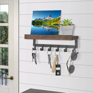 Wooden Floating <b>Shelf</b> Key Rack <b>Wall</b> <b>Mounted</b> Double Layer Storage Organizer For Entryway Home Use - Product Image 2