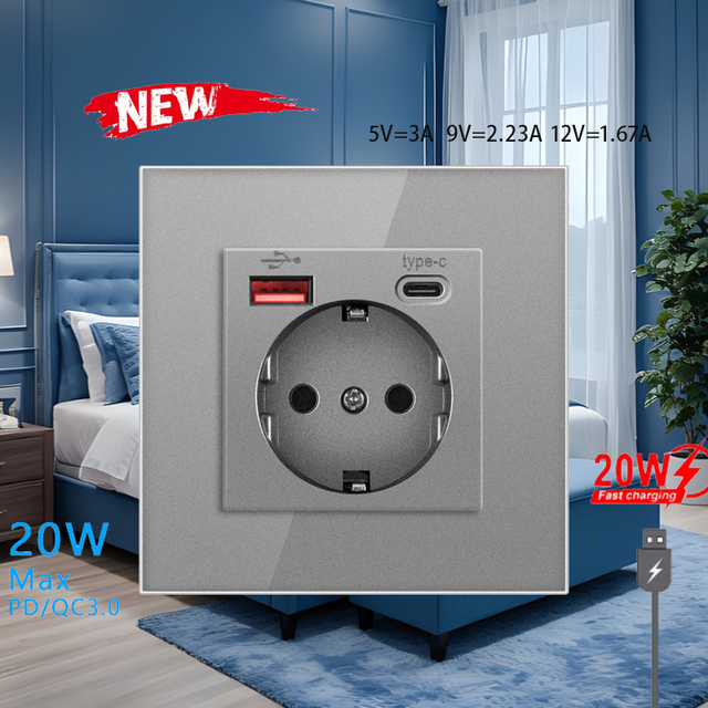 NOVSKI  EU 86 Electrical Toughened Glass Panel USB and Type -C PD 20W  Wall Power Outlet Socket 240V Max Current 16A