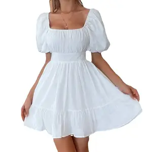 Womens mùa hè ăn mặc cổ vuông thắt nút trở lại đèn lồng tay áo Đại Học phụ nữ ăn mặc Ruffle A-line giản dị váy trắng cho tốt nghiệp