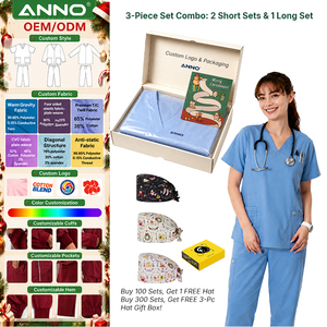 Ensemble de 3 tenues chirurgicales professionnelles ANNO pour le personnel des petites cliniques – Coffret cadeau de Noël – Tenue de travail pour les fêtes - Product Image 1