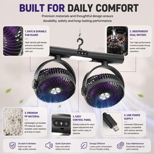 Ventilateur de bureau oscillant à double tête 3000 mAh avec veilleuse 2-en-1, ventilateur mural/de bureau USB, contrôle double indépendant, 3 vitesses - Product Image 5