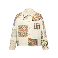Jaket Kanvas Katun Krem Pria OEM, Cetak Layar Motif Bunga Geometris, Potongan Kotak, Pakaian Kerja Khusus