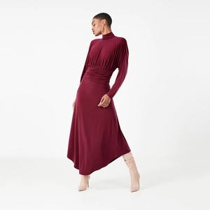Fashion Elegant Autumn Casual A-Line Maxi Turtleneck <b>Dress</b> with Ruched Soft Stretchy <b>Jersey</b> Back Zipper Knit - Product Image 2