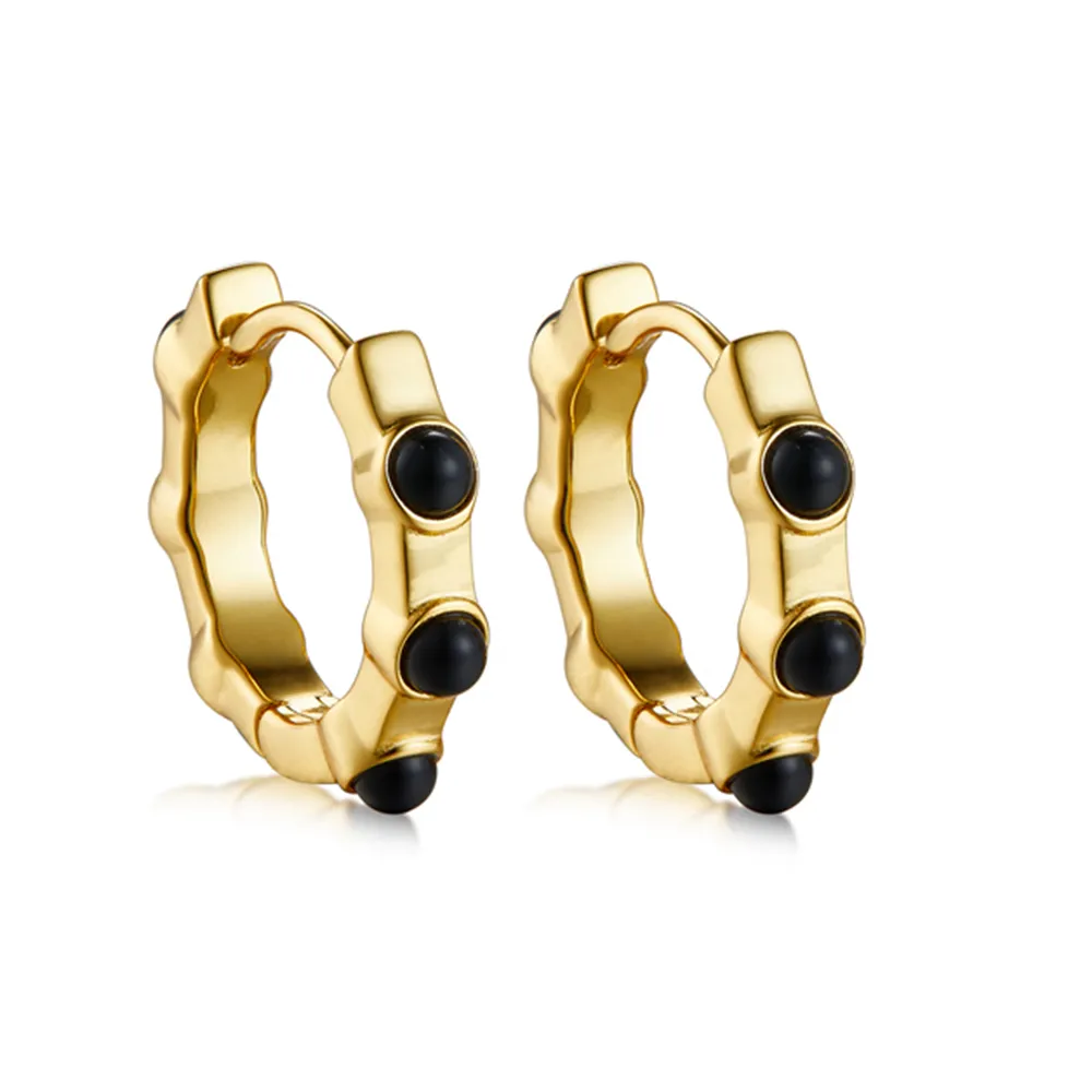 Joacii-pendientes de ágata negra Huggie, Mini cuentas de piedras preciosas minimalistas chapadas en oro de 18K, Plata de Ley 925