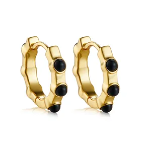 Joacii 925 Sterling Silver 18K Gold Plated Mini Minimalist Gemstone Bead Huggie Black Agate Earrings