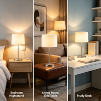 Lampe de table moderne en tissu, avec support en métal nickel brossé et abat-jour cylindrique en tissu crème, idéale pour chambre à coucher et hôtel